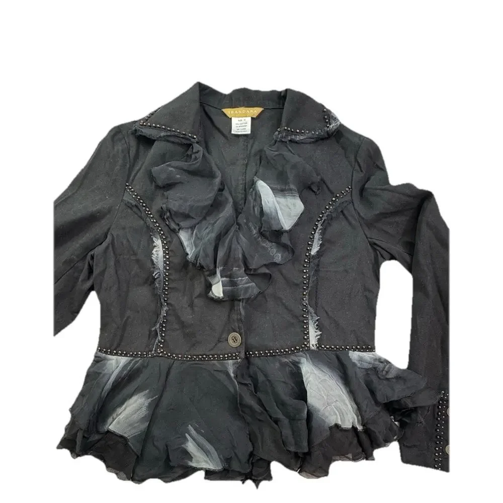 Vtg Seandara Gothic Romance Women M Black Appliqué Jacket Ruffle 90's Y2K Witchy